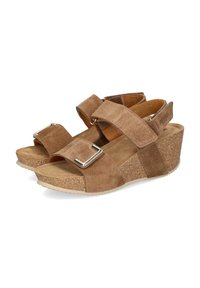 Brown suede wedge sandals with a cork base, featuring two adjustable straps and a metallic buckle accent. Soft texture and open toe design.