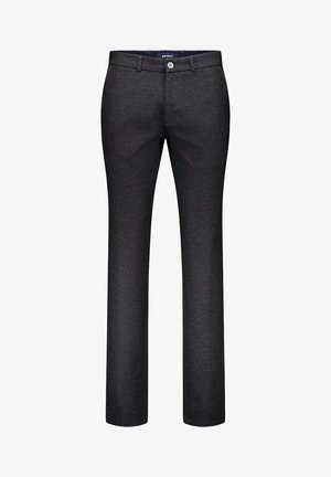 Pantaloni da uomo in grisio scuro, su misura, con passanti per cintura, bottone frontale, zip e gambe dritti.