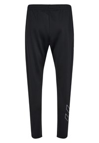 Black athletic pants made of smooth fabric, featuring an elastic waistband and a white geometric logo on the lower left side.