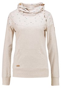 Ljus beige sweatshirt med en cowl-neck, prydd med ett dekorativt mönster av små färgglada segelbåtar. Inkluderar en framficka och handledsmuddar.