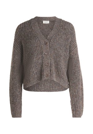Cardigan en tricot dans des teintes de marron, doté d'un col en V, d'une fermeture à boutons et d'un design court. Texture côtelée avec des manches longues.