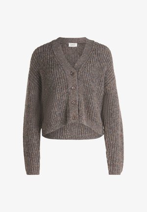 Cardigan lavorato a maglia in tonalità marroni, con scollatura a V, chiusura con bottoni e design cropped. Tessuto a coste con maniche lunghe.