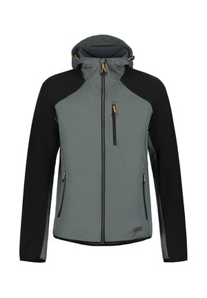 Gray and black hooded jacket with a zippered chest pocket, gold zippers, and a textured interior, featuring a sleek, tailored design.