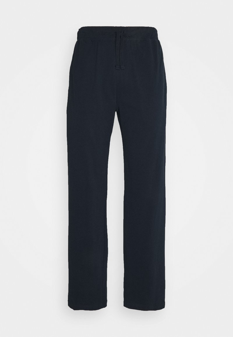 Marineblå, løstsittende joggebukser laget av myk stoff med elastisk midje og justerbar snor, med sidelommer.