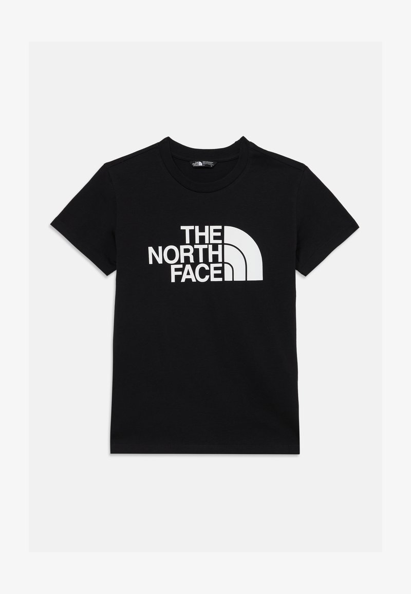 Juodas medvilnės marškinėliai su dideliu baltu grafiniu logotipu, turinčiu išlenktus elementus ir tekstą "THE NORTH FACE." Trumpomis rankovėmis, suapvalintu kaklu.