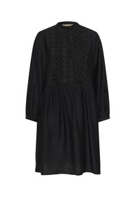 Rochie neagră cu mâneci lungi și decolteu rotund. Prezintă broderie complexă pe partea din față și o fustă plisată. Material moale, ușor.