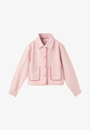 Lichtroze damesjack met knopen, lange mouwen, twee voorzakken en een kraag, met decoratieve stiksels langs de randen.
