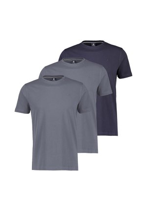 Drei schlichte T-Shirts mit Rundhalsausschnitt in Grautönen und Marineblau, überlappend angeordnet mit kurzen Ärmeln und kleinem Logo auf der linken Brust.