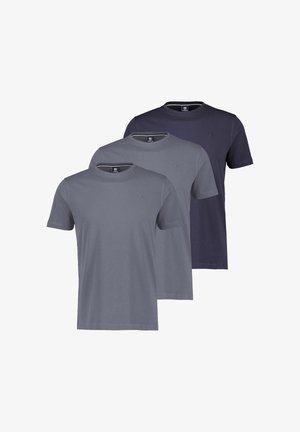 Drei schlichte T-Shirts mit Rundhalsausschnitt in Grautönen und Marineblau, überlappend angeordnet mit kurzen Ärmeln und kleinem Logo auf der linken Brust.
