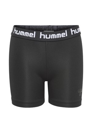 Pantalones cortos ajustados negros hechos de tela elástica, con una pretina con el logo blanco en contraste y un pequeño detalle del logo en la parte inferior de la pierna derecha.