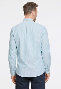 Camicia a maniche lunghe a righe blu chiaro con colletto e polsini a bottoni, caratterizzata da sottili righe verticali e un orlo arrotondato.