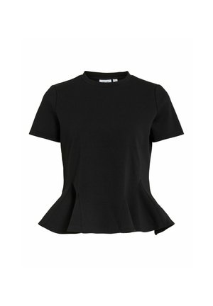 Schwarzes Kurzarm-Peplum-Top mit rundem Ausschnitt und ausgestelltem Saum, entworfen für eine figurbetonte Silhouette.