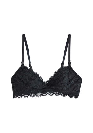 Sort blonde bralette med blomstermønster, trekantede skåle, justerbare stropper og bølgede kanter. Blød, gennemsigtig tekstur. Inga bøjler.