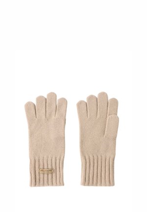 Beige Strickhandschuhe mit einem gerippten Bündchen und freiliegenden Fingern. Das Etikett am Bündchen trägt die Aufschrift "BELLEMERE NEW YORK." Weiche Textur.