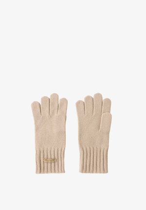 Beige Strickhandschuhe mit einem gerippten Bündchen und freiliegenden Fingern. Das Etikett am Bündchen trägt die Aufschrift "BELLEMERE NEW YORK." Weiche Textur.