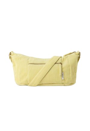 Sac bandoulière en velours côtelé jaune avec poche zippée devant et sangle réglable, forme rectangulaire avec texture douce.