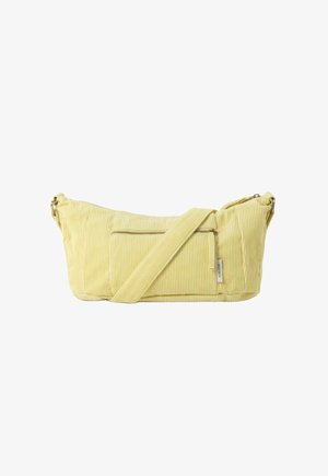 Sac bandoulière en velours côtelé jaune avec poche zippée devant et sangle réglable, forme rectangulaire avec texture douce.