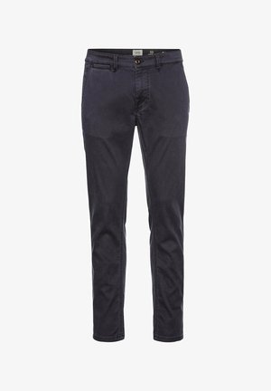 Mørkeblå denimbukser med lige pasform, der har fem lommer, lynlås og en enkelt knaplukning. Glat tekstur uden mønstre.