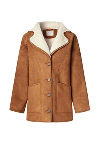 Cappotto in suede marrone con finitura testurizzata, dotato di colletto in pelliccia sintetica crema, cinque bottoni e due tasche frontali.