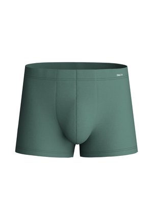 Green cotton boxer shorts with a contoured pouch, elastic waistband, and flat seams. Features a small brand logo on the waistband.