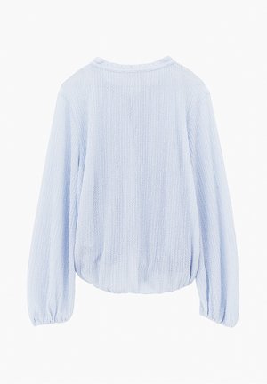 Light blue textured long-sleeve blouse with elastic cuffs and a round neckline, shown from the back against a plain background.