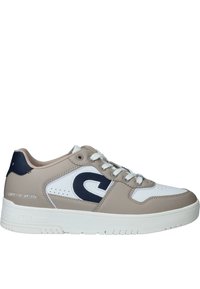 Zapatilla deportiva beige y blanca con acentos en azul marino, hecha de material sintético. Presenta una superficie texturizada y una suela acolchada.