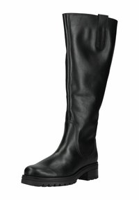 Zwarte leren laars tot de knie met een gladde afwerking, ronde neus en een stevige rubberen zool met gestructureerde grippatronen.