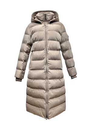 Helle beige Daunenjacke mit Kapuze, die gesteppte Abschnitte, einen durchgehenden Reißverschluss und gerippte Bündchen für zusätzliche Wärme aufweist.