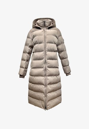 Helle beige Daunenjacke mit Kapuze, die gesteppte Abschnitte, einen durchgehenden Reißverschluss und gerippte Bündchen für zusätzliche Wärme aufweist.