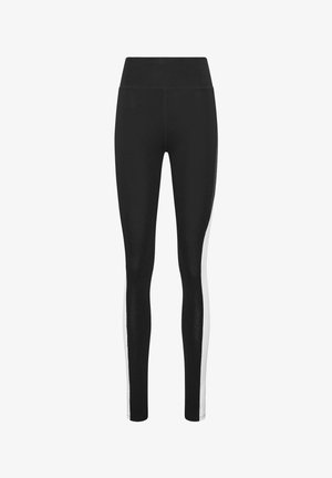 Schwarze, ganz lange Leggings mit hohem Bund und weißen Einsätzen entlang der Außenseiten jeder Beinseite.