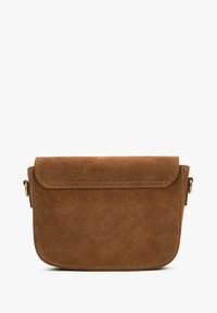 Brązowa torba na ramię z zamszu z klapą, mosiężnymi okuciami, prostą linią i gładką fakturą. Kompaktowy, prostokątny kształt.