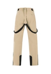 Beige outdoorbroek met zwarte accenten, voor- en zijritsen, duurzaam materiaal, verstelbare banden en een getailleerde pasvorm voor functionaliteit.