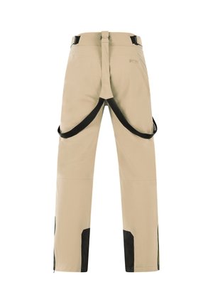 Beige outdoorbroek met zwarte accenten, voor- en zijritsen, duurzaam materiaal, verstelbare banden en een getailleerde pasvorm voor functionaliteit.