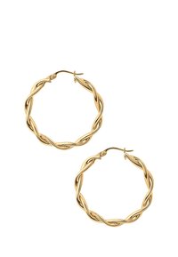 Guldøreringe i form af hoops med et snoet design, der har en poleret overflade og en sikret lukning. Cirkulær form med indviklet detaljer.