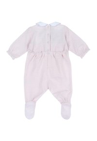 Body neonato rosa chiaro con motivo texturizzato, colletto bianco e chiusura a bottone. Polsini elasticizzati e design con piedi per garantire calore.