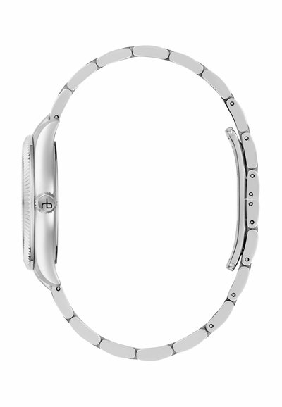 Bočni prikaz srebrnog metalnog sata s povezanim remenom i malom, rebrastom krunom s desne strane okruglog kućišta.