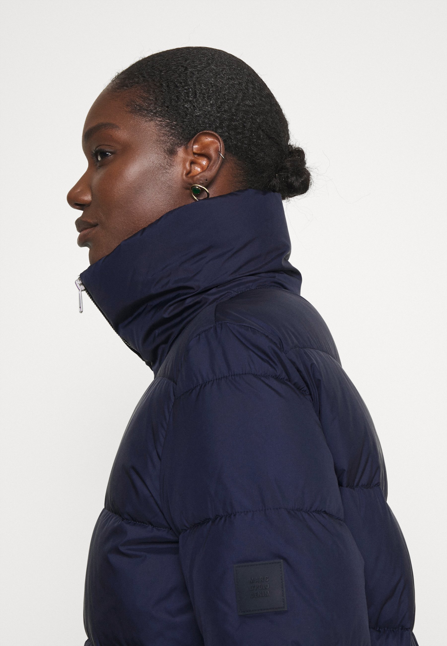 navy blue long puffer jacket