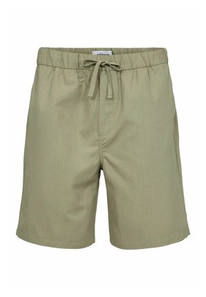 Shorts vert clair en tissu doux, dotés d'une taille élastique avec cordon de serrage, de poches latérales et d'une coupe décontractée.