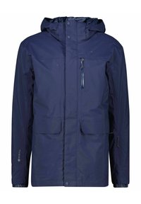 Marineblaue wasserdichte Jacke aus Gore-Tex, ausgestattet mit Kapuze, Reißverschlusstasche auf der Brust und zwei vorderen Klapptaschen.