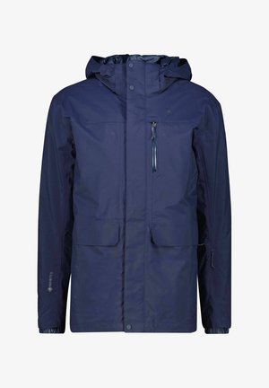 Marineblaue wasserdichte Jacke aus Gore-Tex, ausgestattet mit Kapuze, Reißverschlusstasche auf der Brust und zwei vorderen Klapptaschen.
