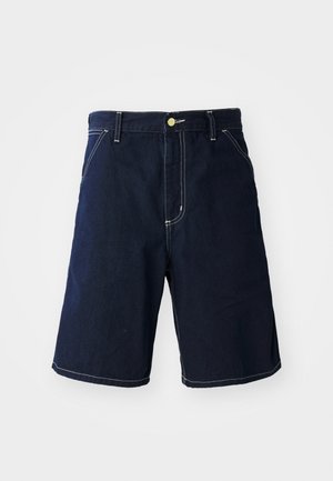 Denim shorts in dark blue with white stitching, a classic cut, five pockets, and a front button closure.