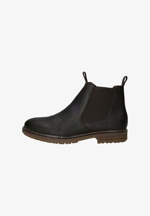 Bottes chelsea en cuir noir avec des côtés élastiques, finition texturée, bout arrondi, languettes de tirage et semelle contrastante marron.