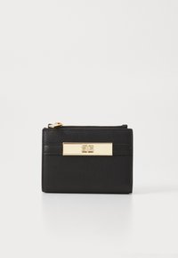 Black leather wallet with a textured finish, featuring a gold metal accent and zipper. Compact rectangular shape with straight edges.