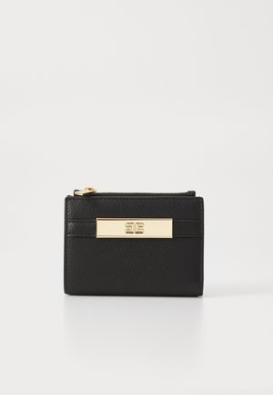 Black leather wallet with a textured finish, featuring a gold metal accent and zipper. Compact rectangular shape with straight edges.