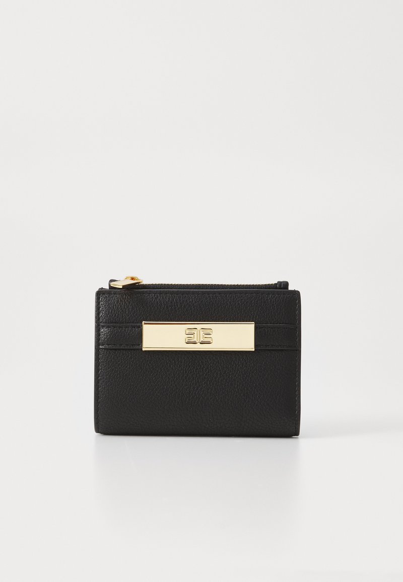 Black leather wallet with a textured finish, featuring a gold metal accent and zipper. Compact rectangular shape with straight edges.