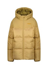 Pufferjack in lichtgeel, met een ritssluiting aan de voorkant, een capuchon en een contrasterende textuur tussen de boven- en ondersecties.