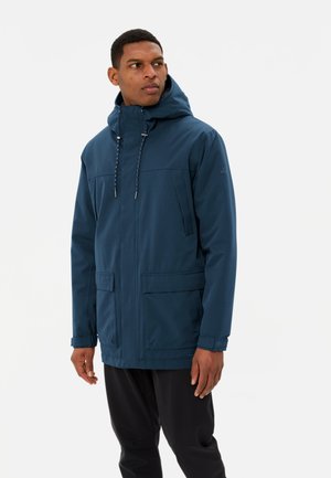 Marineblauwe waterdichte jas met een capuchon, voorzien van twee voorzakken, een verstelbaar aantrekkoord en een soepele, duurzame stoftextuur.
