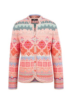 Strickjacke in Pink, mit aufwendigen mehrfarbigen Mustern und geometrischen sowie floralen Designs. Knöpfe an der Vorderseite, runder Halsausschnitt.