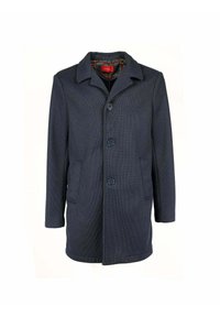 Cappotto blu navy con un design strutturato, caratterizzato da un colletto a punta, tre bottoni e due tasche laterali. Tessuto testurizzato con finitura liscia.