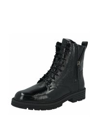 Black glossy leather lace-up ankle boot with side zipper and black rubber sole.